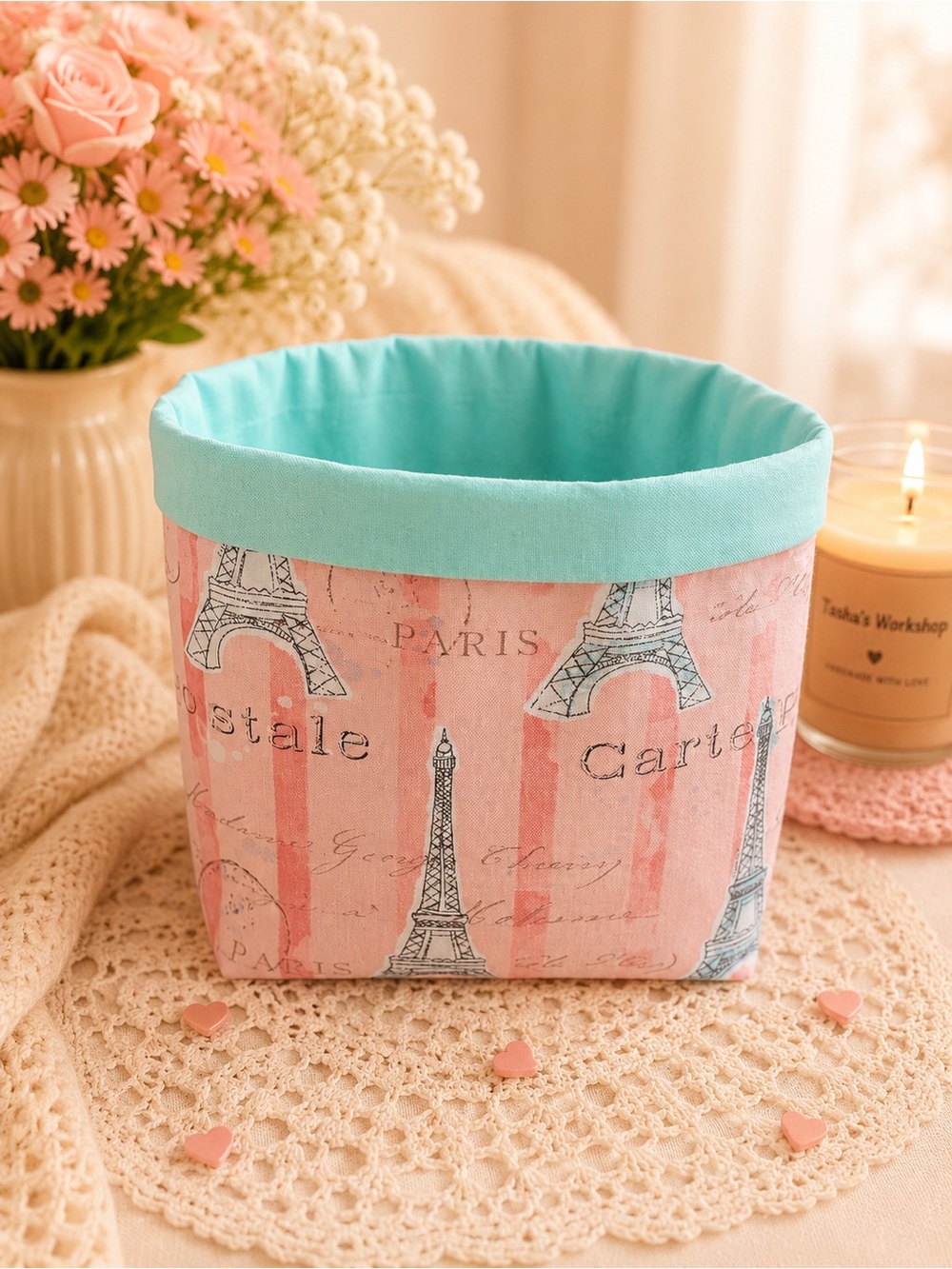 Paris Dreams Fabric Storage Basket | Handmade Reversible Organizer Bin
